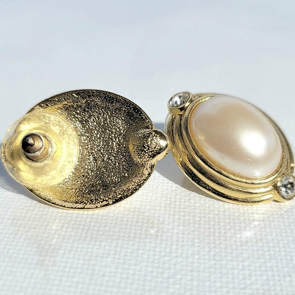 💞💗 Vintage Gold Tone Faux Pearl Rhinestone Tip Statement Earrings - Picture 7 of 8